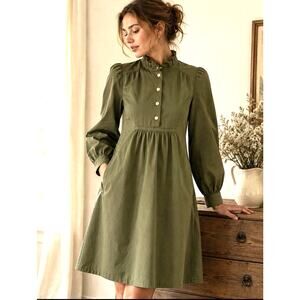 Pomander Place Olive Green Poplin Dress XS Ruffle Neck Puff Sleeve Pockets